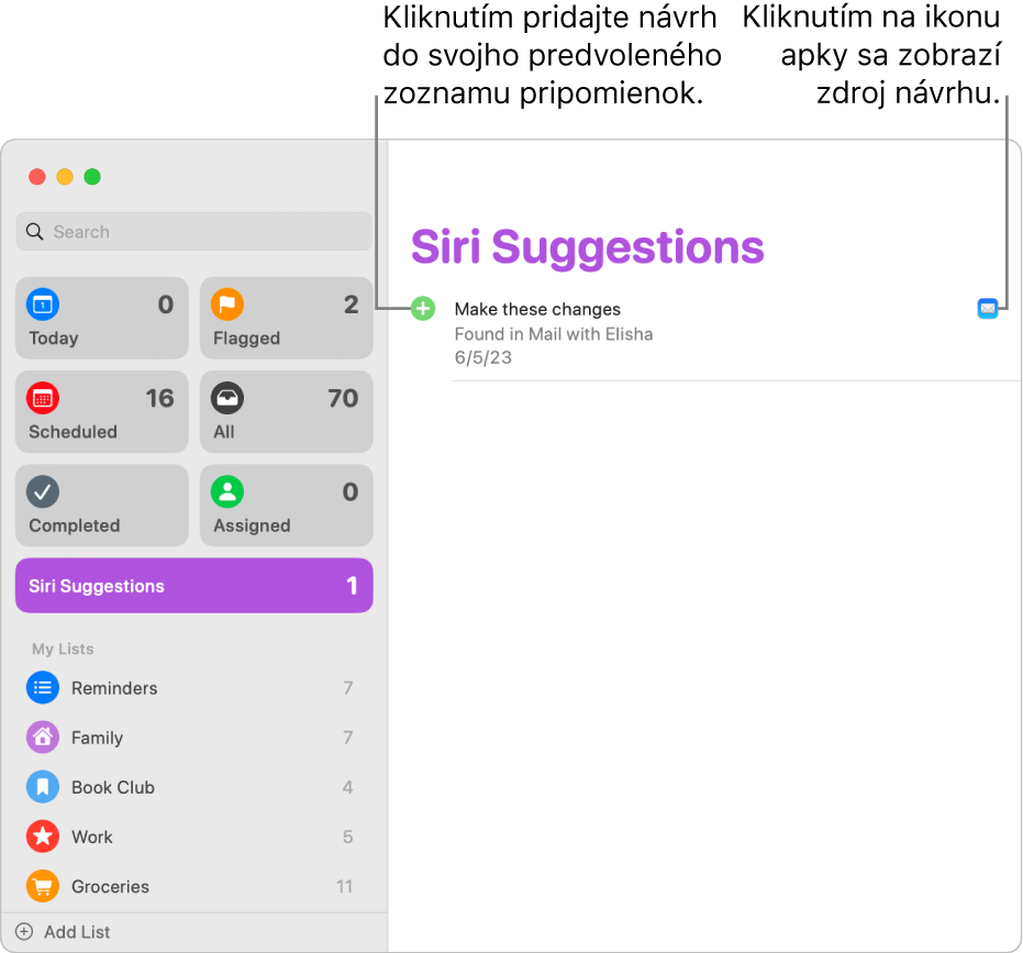 Zoznam návrhov Siri v apke Pripomienky zobrazujúci jednu pripomienku navrhnutú z apky Mail.