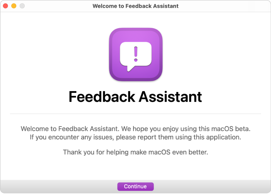 The Welcome to Feedback Assistant window.