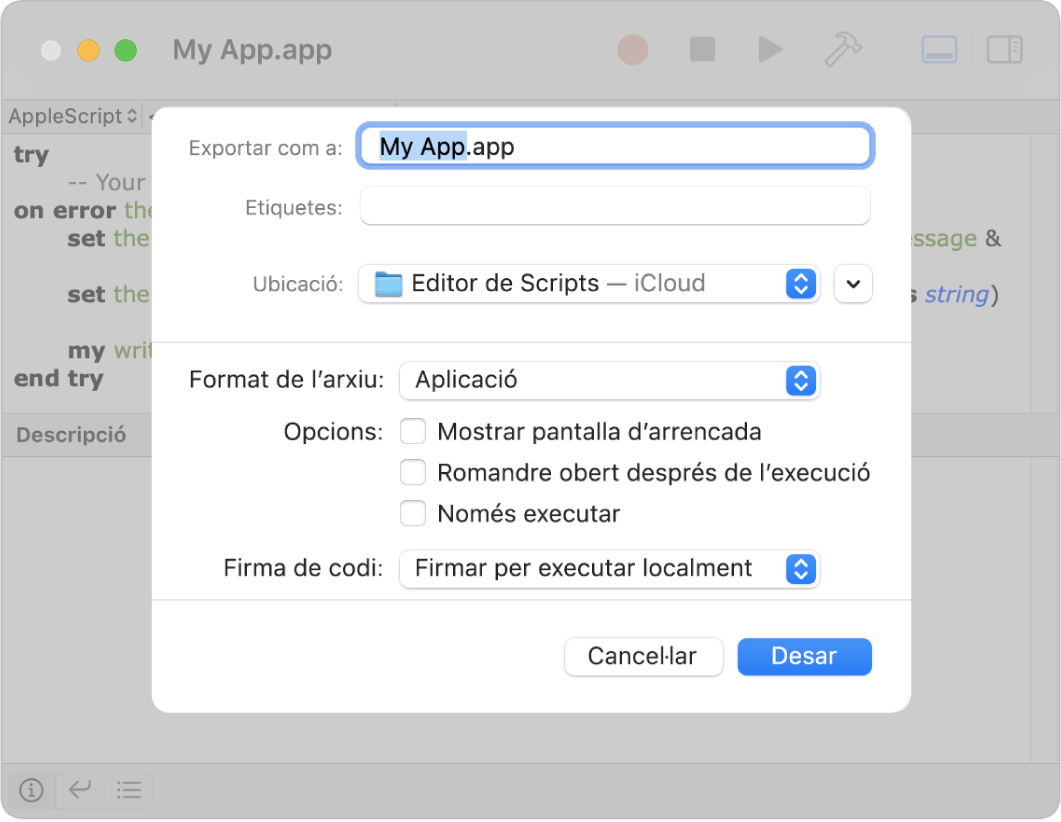 El quadre de diàleg Exportar, que mostra el menú desplegable “Format de l’arxiu” amb l‘opció “App” seleccionada i les opcions que pots especificar quan desis l‘script.