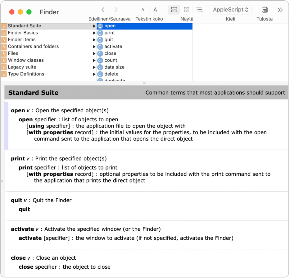 AppleScript-sanakirja Finderille.