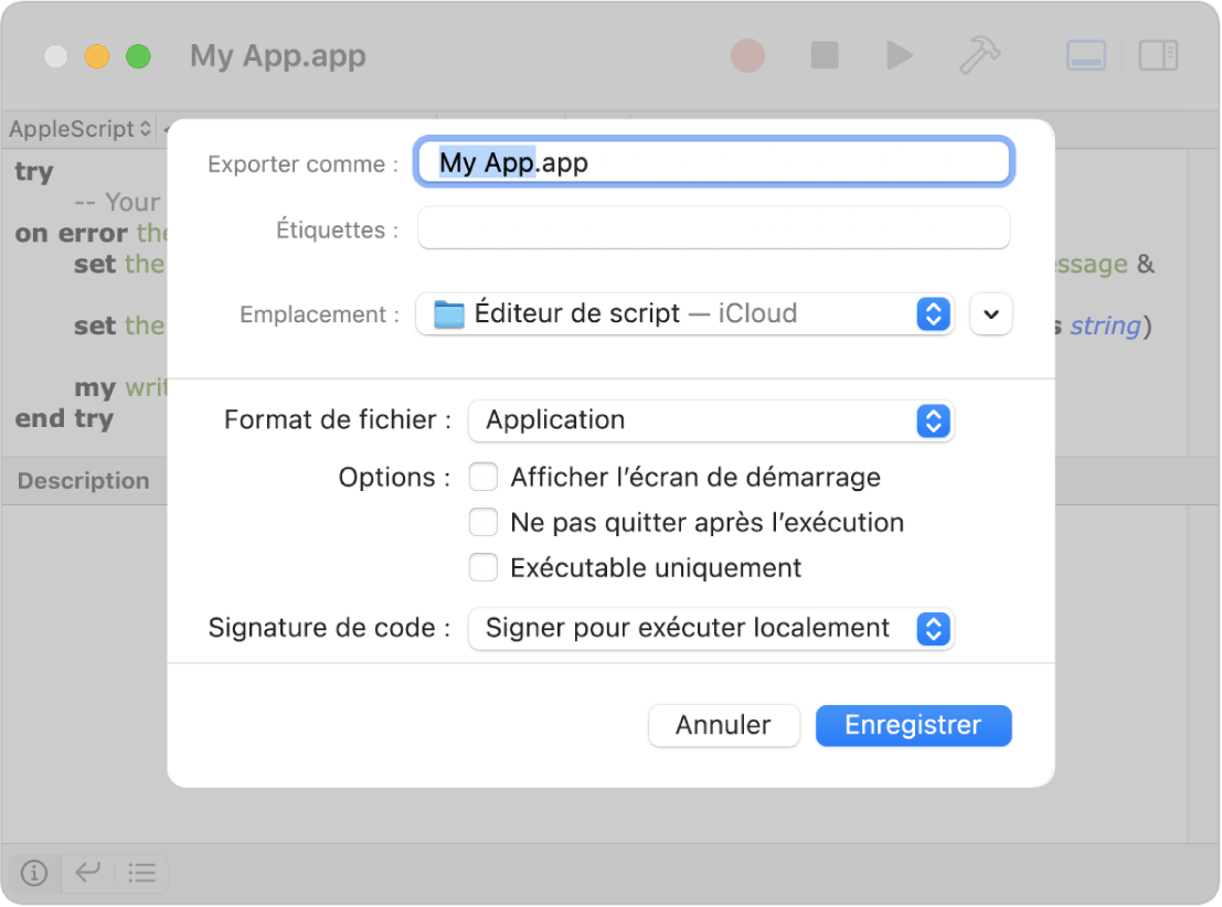 Zone de dialogue Exporter affichant le menu local Format de fichier avec l’option Application sélectionnée et les options que vous pouvez définir lors de l’enregistrement de votre script.