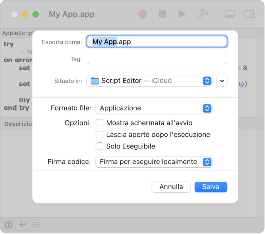 La finestra di dialogo dell’esportazione che mostra il menu a comparsa “Formato file” con la voce Applicazione selezionata e le opzioni di salvataggio dello script.
