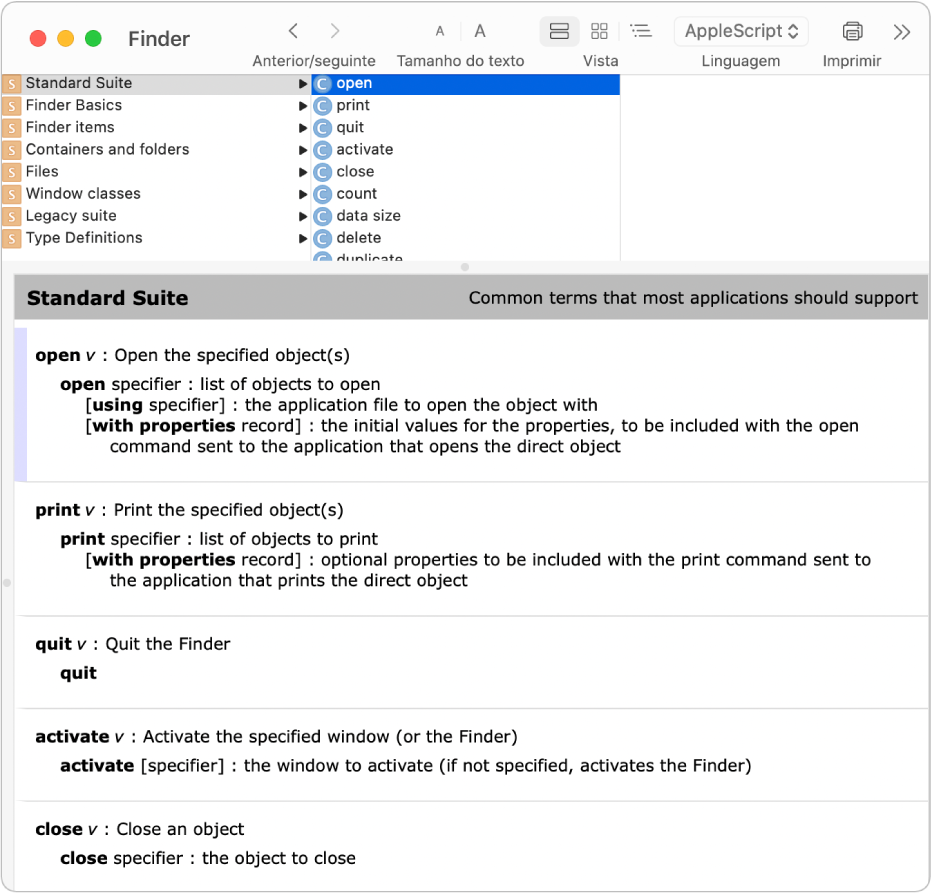O dicionário de AppleScript para o Finder.