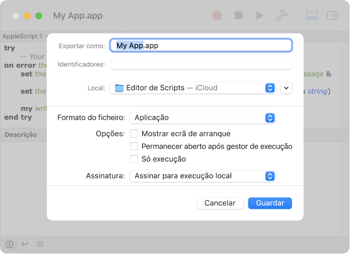 A caixa de diálogo Exportar a mostrar o menu pop-up “Formato de ficheiro” com a opção Aplicação selecionada, assim como as opções que pode definir ao guardar o script.