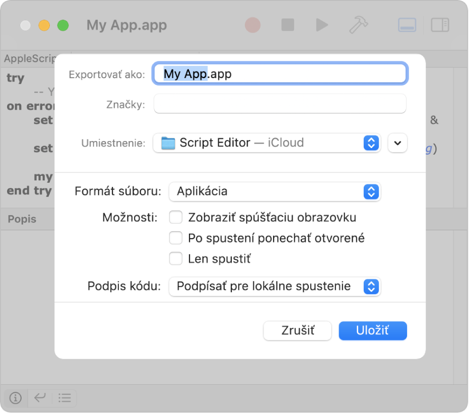 Dialógové okno Export zobrazujúce vyskakovacie menu Formát súboru s vybratou možnosťou Aplikácia a možnosťami, ktoré je možné nastaviť pri ukladaní skriptu.