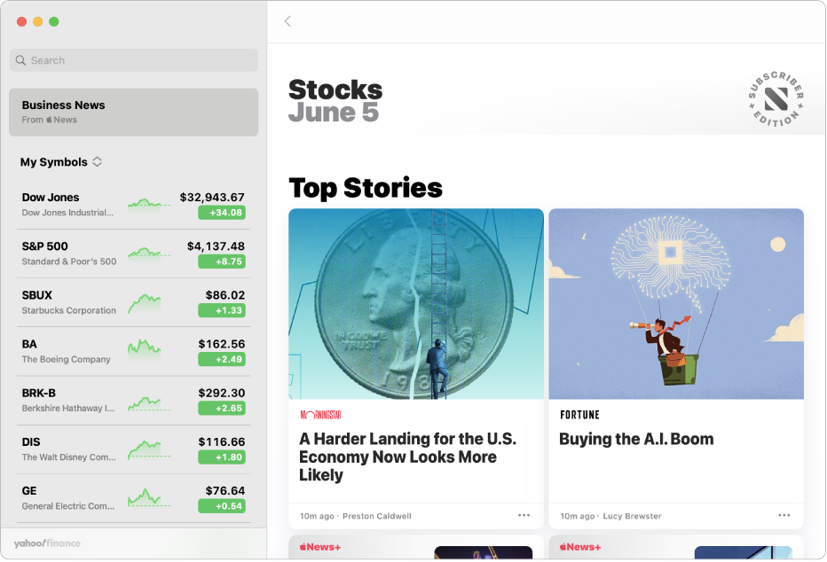 A Stocks window showing the top business news stories.