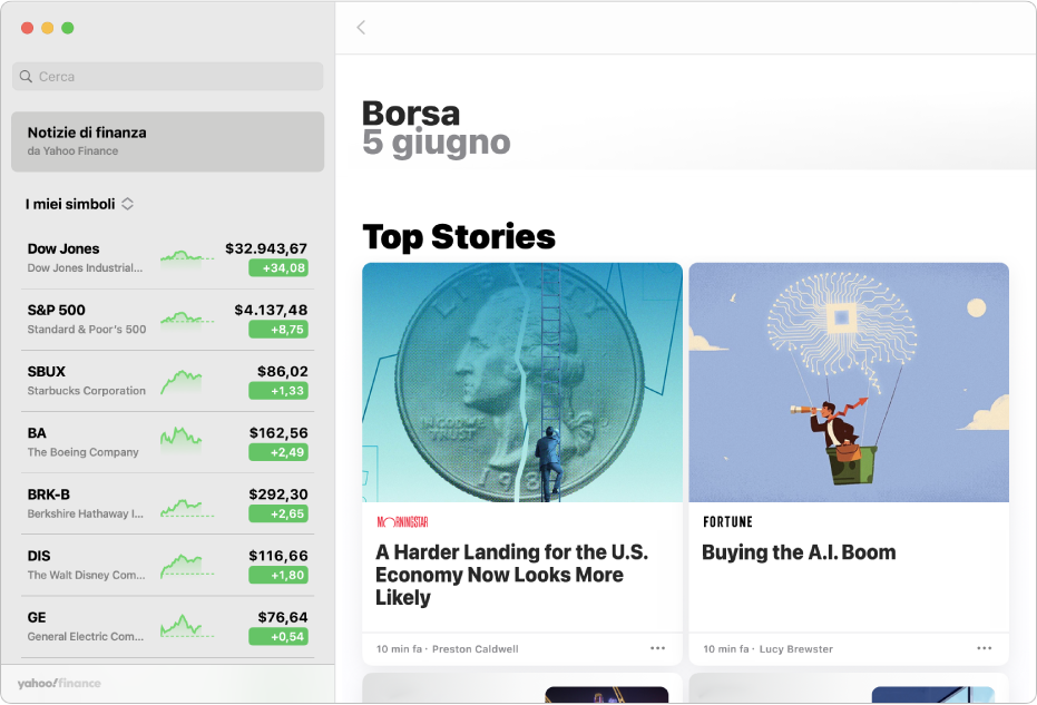 Una finestra dell’app Borsa che mostra gli articoli di finanza in primo piano.