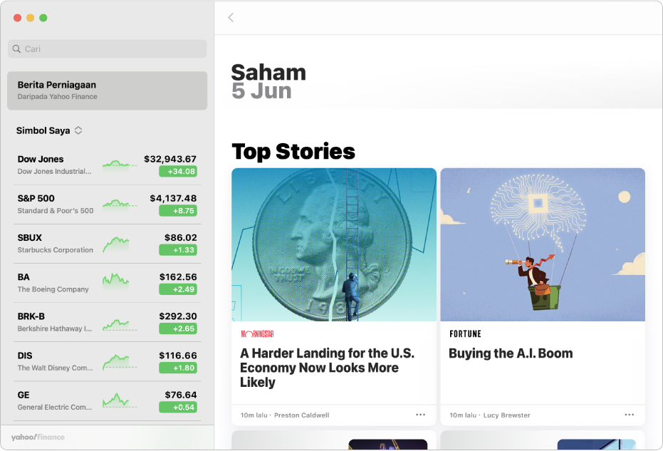 Tetingkap Saham menunjukkan berita perniagaan teratas.