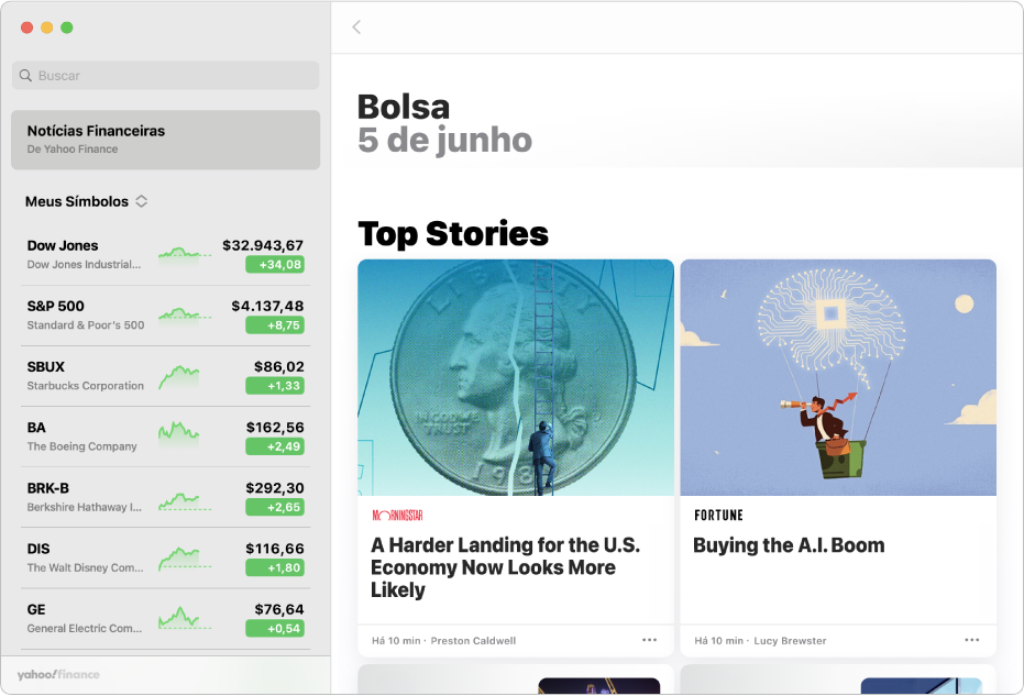 Janela do app Bolsa mostrando os principais artigos de notícias financeiras.