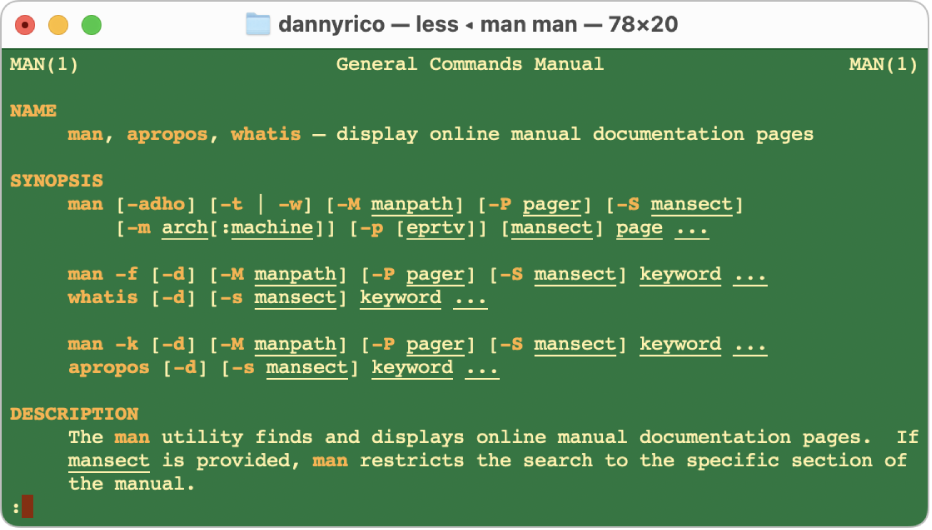 man 명령어의 man 페이지 세부사항을 표시하는 터미널 윈도우.