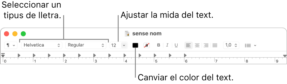 La barra d’eines del TextEdit, amb opcions per ajustar la mida del text, el color i el tipus de lletra.
