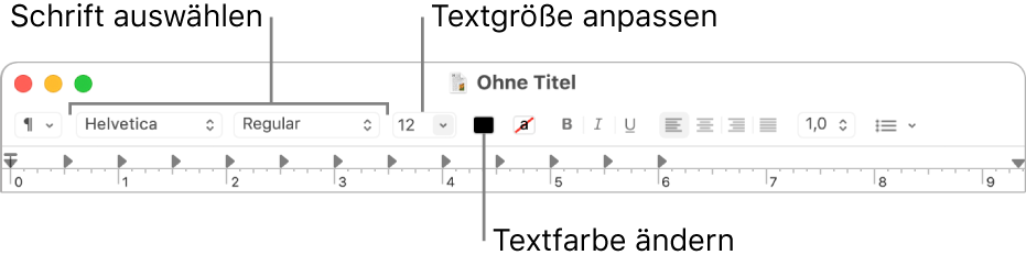 Die Symbolleiste der App „TextEdit“ zeigt Optionen zur Anpassung von Textgröße, Farbe und Schriftart.