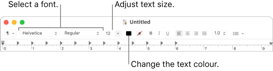 The TextEdit toolbar showing options that adjust text size, colour and font.