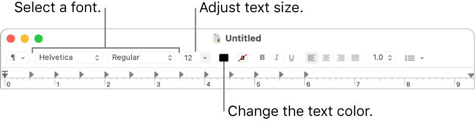 The TextEdit toolbar showing options that adjust text size, color, and font.