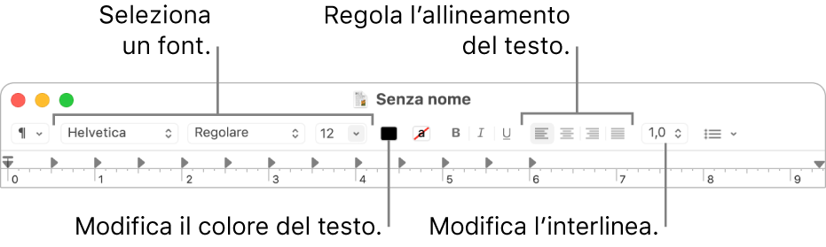 La barra strumenti di TextEdit per i documenti RTF che mostra i controlli di allineamento e spaziatura.