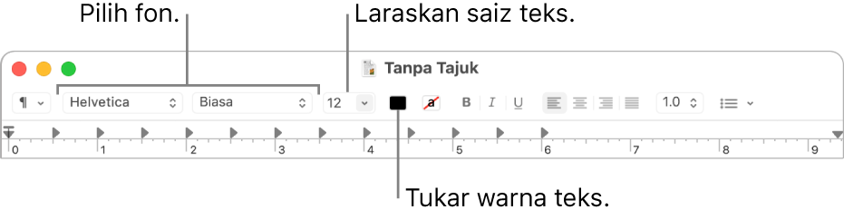 Bar alat TextEdit menunjukkan pilihan yang melaraskan saiz, warna dan fon teks.