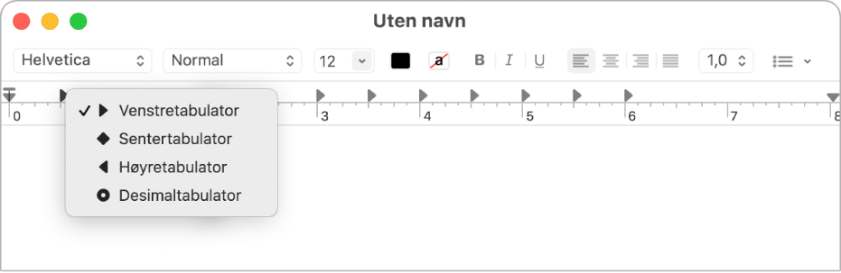 Linjalen, som viser tabulatorstopp-valg.