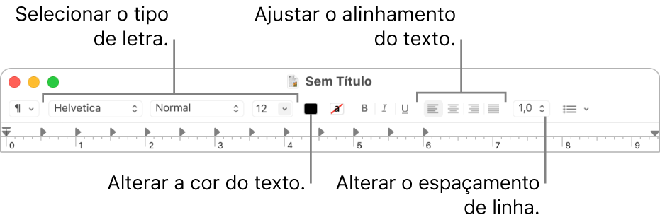 Barra de ferramentas do Editor de Texto em um documento RTF mostrando os controles de fonte, alinhamento de texto e espaçamento.