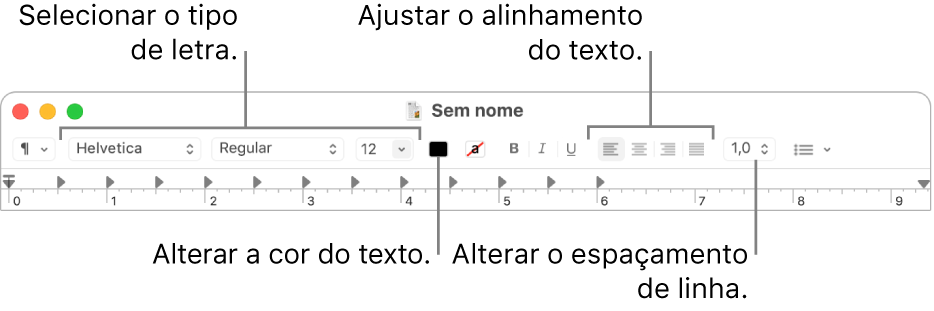A barra de ferramentas do Editor de Texto de um documento de texto formatado, a mostrar o tipo de letra e os controlos de alinhamento e espaçamento de texto.