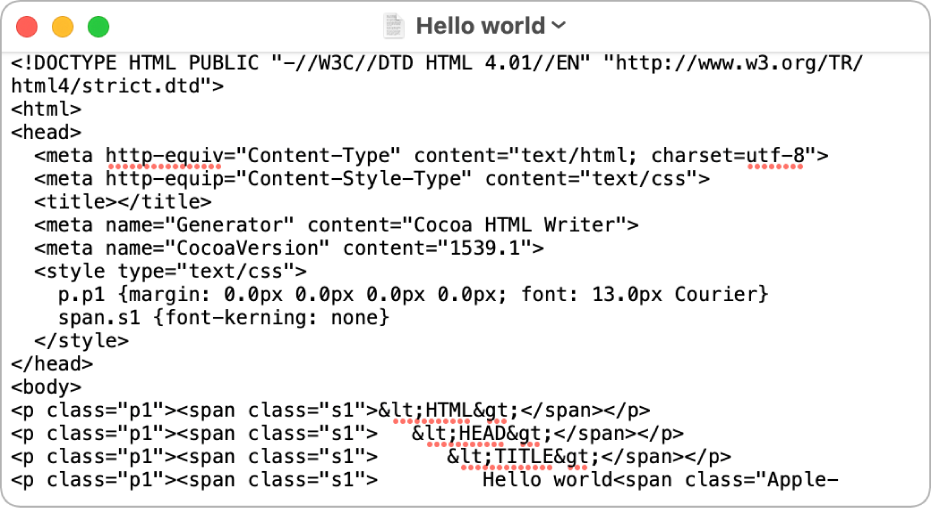 ไฟล์ HTML ในโหมดการแก้ไขรหัส