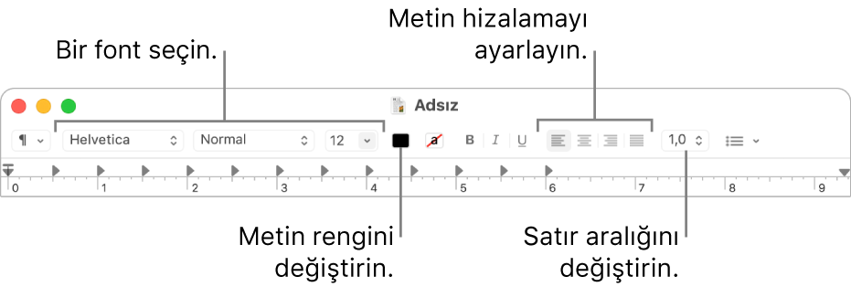 Font ve metin hizalamasını ve aralık denetimlerini gösteren zengin metin belgesinin TextEdit araç çubuğu.