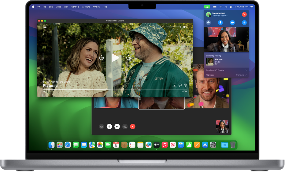 SharePlay di Mac ditampilkan dengan app Apple TV dan panggilan FaceTime langsung.
