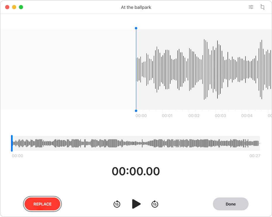 A Voice Memos recording. The playhead is the blue vertical line in the lower waveform overview.
