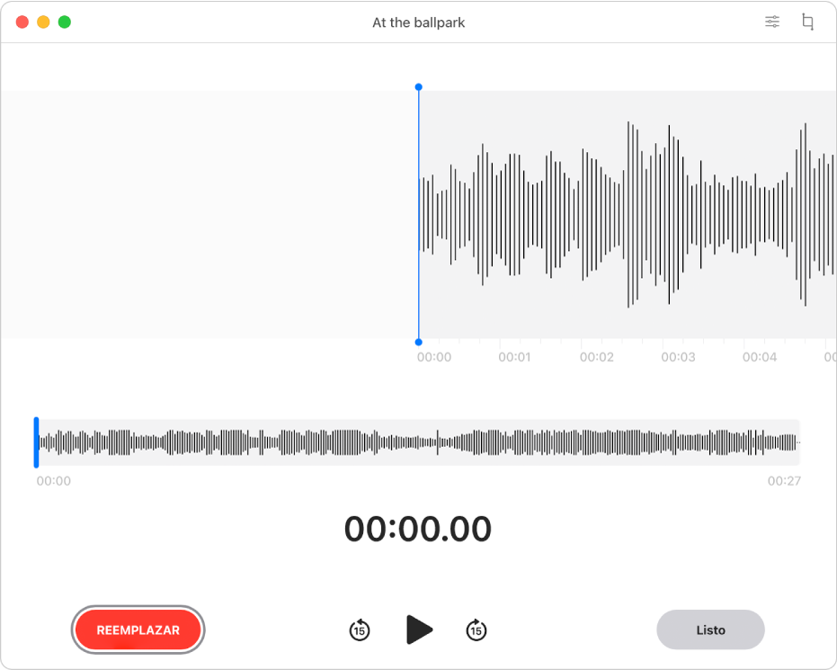 Una grabación de Notas de Voz. El cursor de reproducción es la línea vertical azul en la onda.