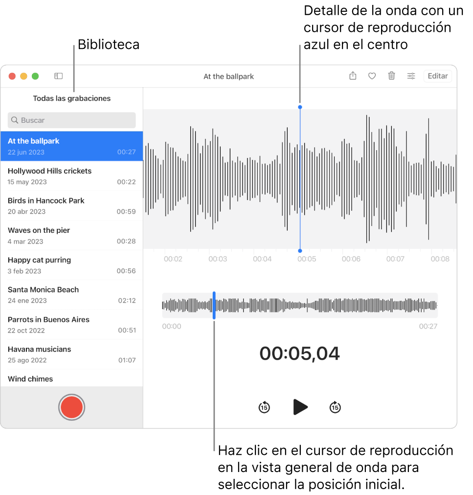 La app Notas de Voz presenta la grabaciones en la biblioteca de la izquierda. La grabación seleccionada aparece en la ventana situada a la derecha de la lista, como detalle de forma de onda con un cursor de reproducción azul en el centro. Debajo de la grabación se muestra la información general de la forma de onda.