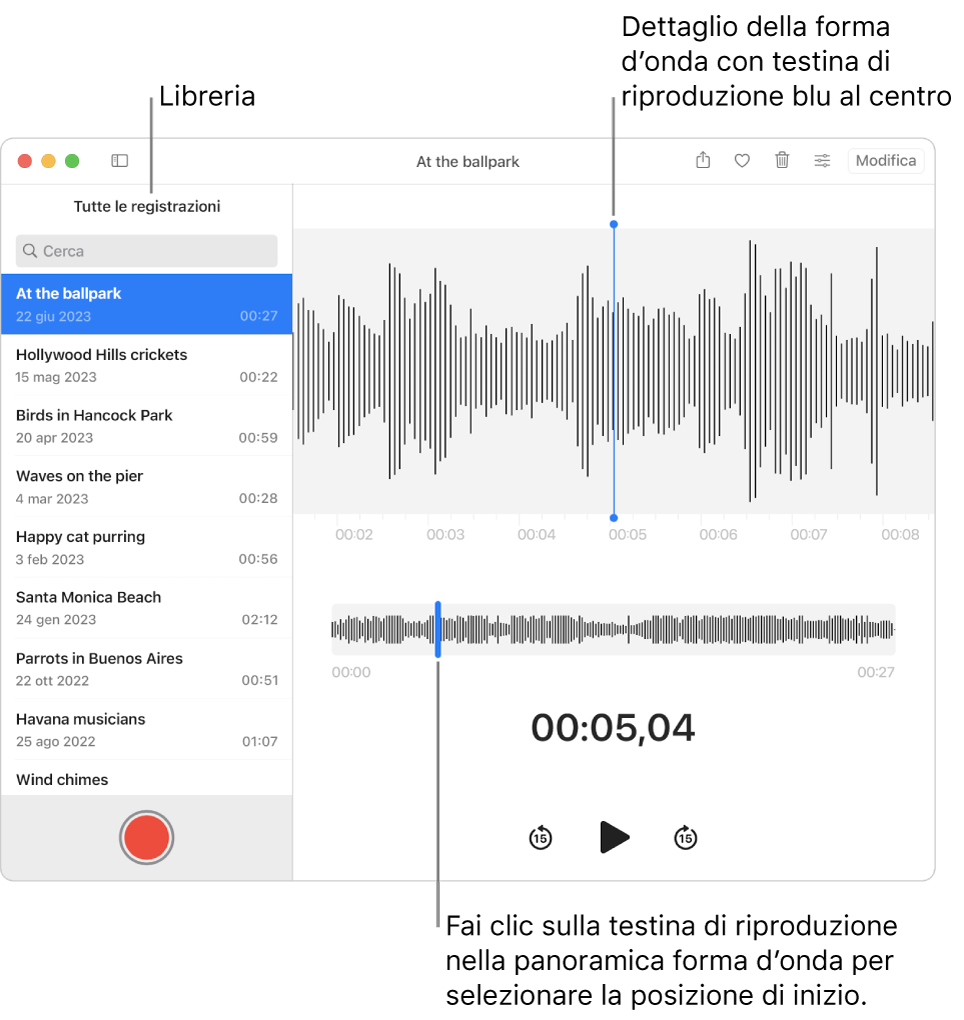 L'app Memo Vocali mostra le registrazioni nella libreria sulla sinistra. La registrazione selezionata viene visualizzata nella finestra a destra dell'elenco, come dettaglio forma d'onda con una testina di riproduzione blu al centro. Sotto la registrazione è presente la panoramica forma d'onda.