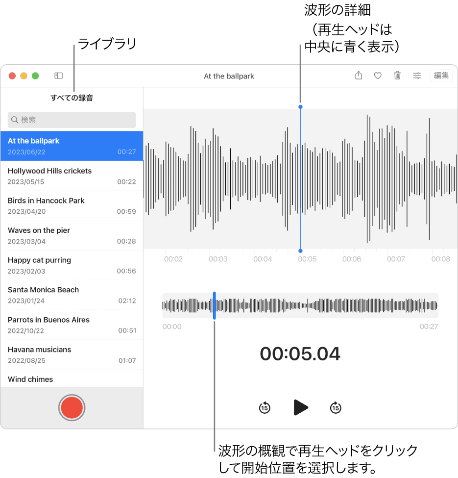 ボイスメモアプリ。ライブラリの録音が左側に表示されています。選択された録音は、中央部分に青色の再生ヘッドが付いた波形の詳細として、リストの右側にあるウインドウに表示されます。録音の下には波形の概観が表示されます。
