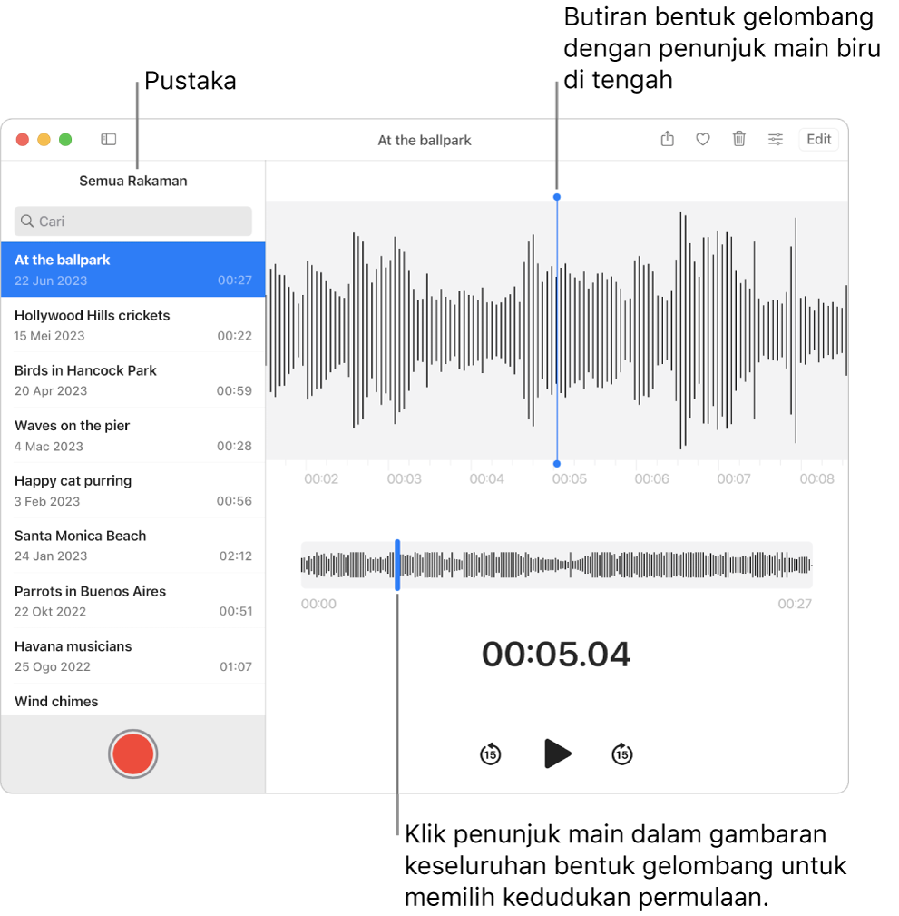 App Memo Suara menunjukkan rakaman dalam pustaka di sebelah kiri. Rakaman dipilih kelihatan dalam tetingkap di sebelah kanan senarai, sebagai butiran bentuk gelombang dengan penunjuk main biru di bahagian tengah. Di bawah rakaman adalah gambaran keseluruhan bentuk gelombang.
