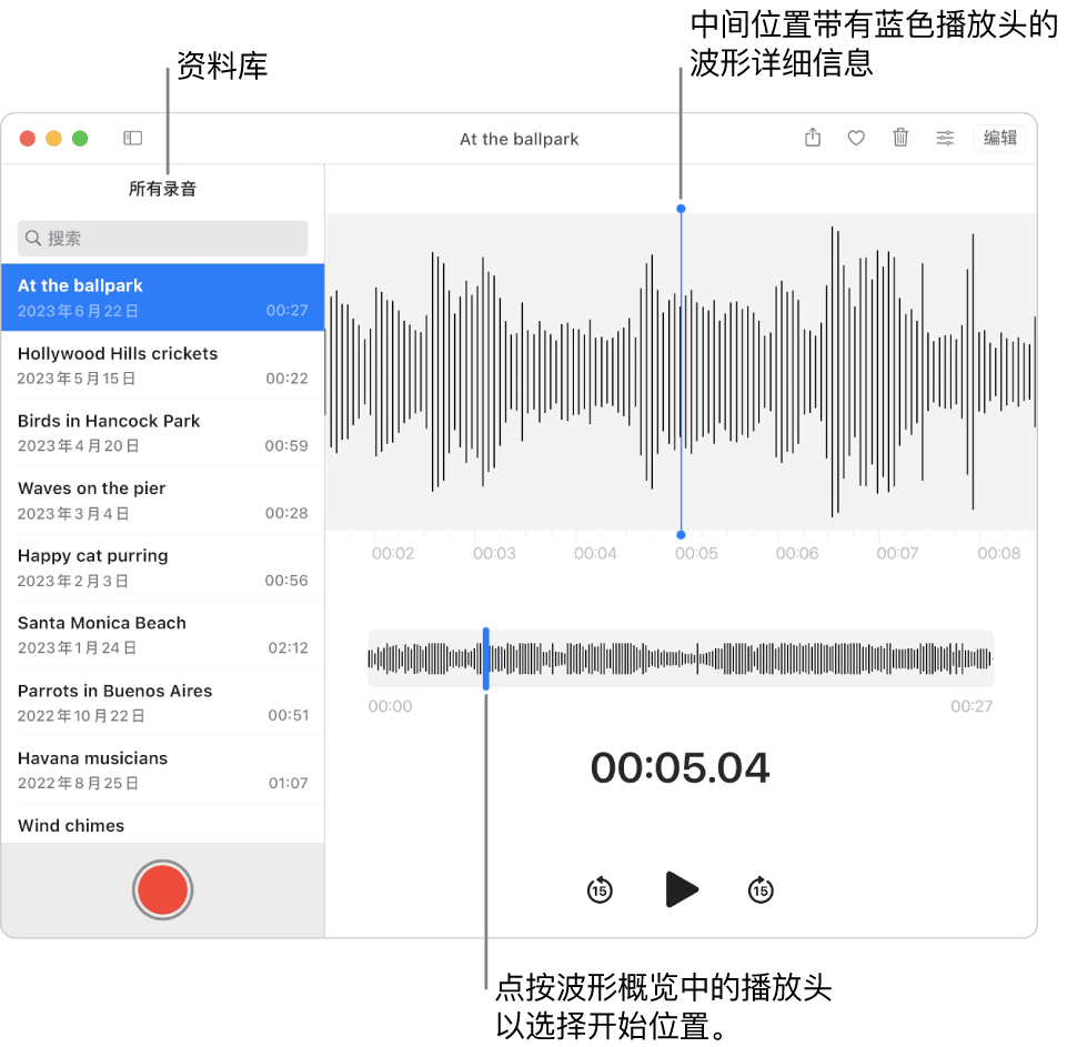 “语音备忘录” App 在左侧的资料库中显示录音。所选录音显示在列表右侧的窗口中，带有蓝色播放头的波形详细信息位于中间。录音下方是波形概览。