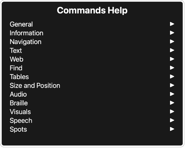 The Commands Help menu is a panel that lists command categories, starting with General and ending with Hot spots. To the right of each item in the list is an arrow to access the item’s submenu.