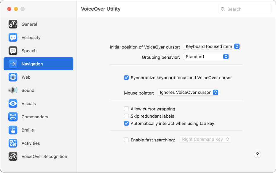 The VoiceOver Utility window showing the Navigation category selected in the sidebar on the left and its options on the right. At the bottom right corner of the window is a Help button to display VoiceOver online help about the options.