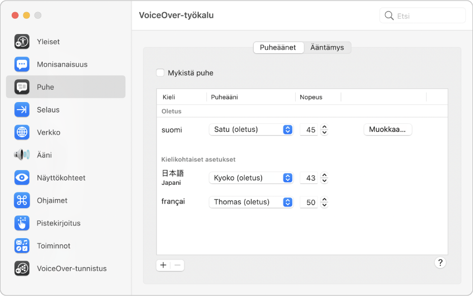 VoiceOver-työkalun Puhe-kategorian Puheäänet-paneelissa näytetään sellaisia asetuksia kuten puheääni ja puhenopeus useille VoiceOver-kielille.