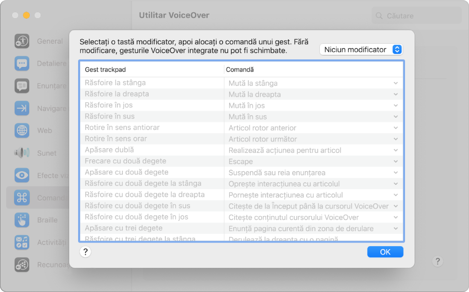 O listă a gesturilor VoiceOver și comenzile corespunzătoare sunt afișate în Comandant trackpad, în Utilitar VoiceOver.
