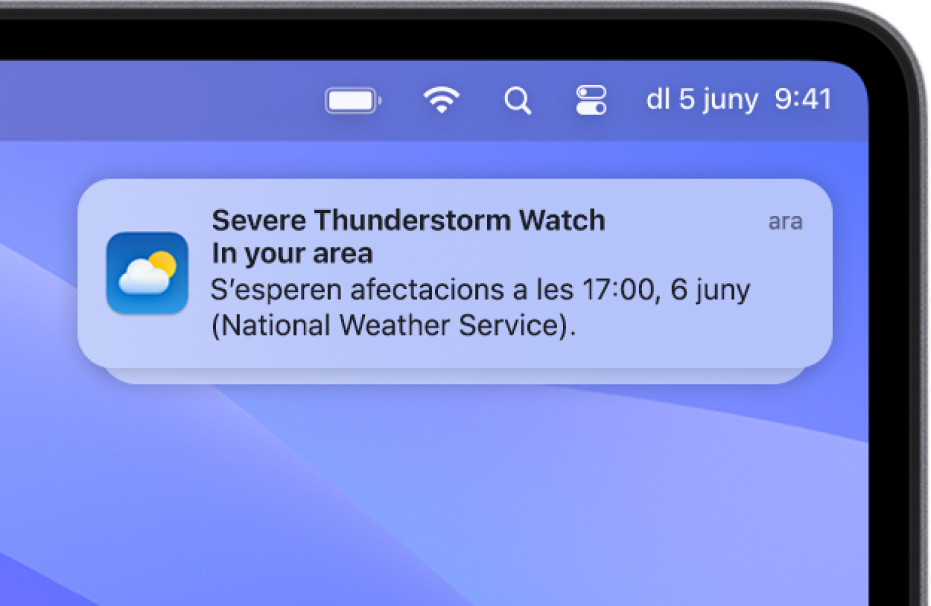 Una notificació amb una alerta del servei nacional del temps sobre una tempesta forta.
