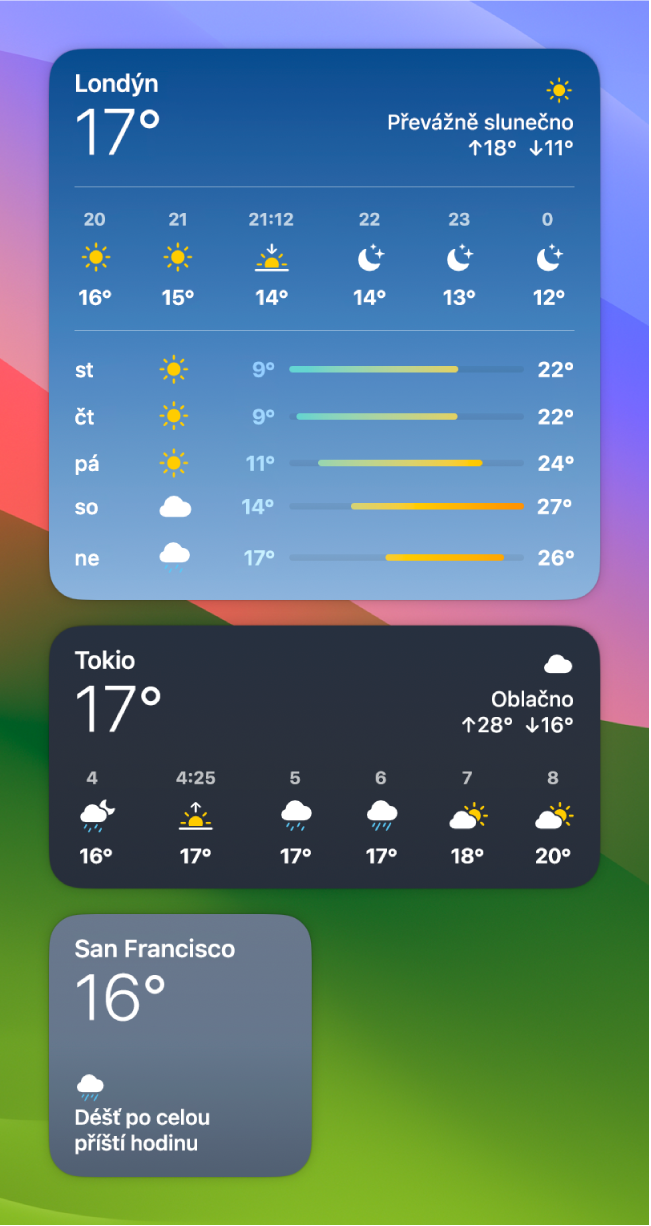 Malé, střední a velké widgety aplikace Počasí.