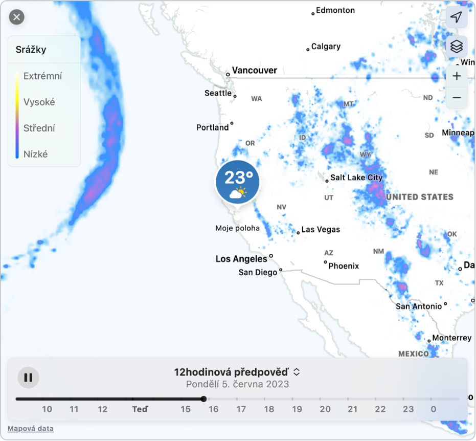Podrobná mapa s předpovědí srážek pro Cupertino v Kalifornii.