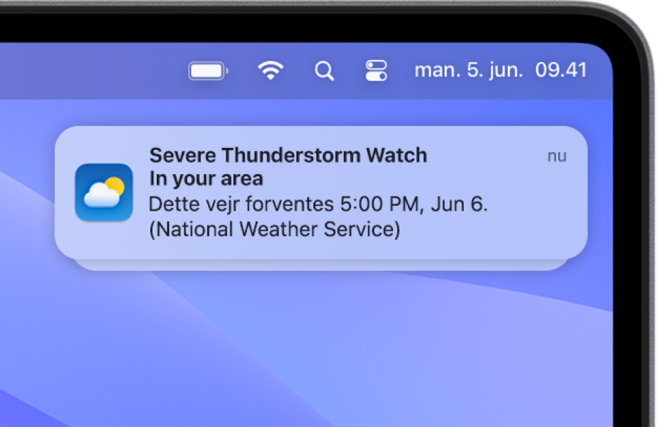 En notifikation der viser en advarsel fra National Weather Service om voldsomt tordenvejr.