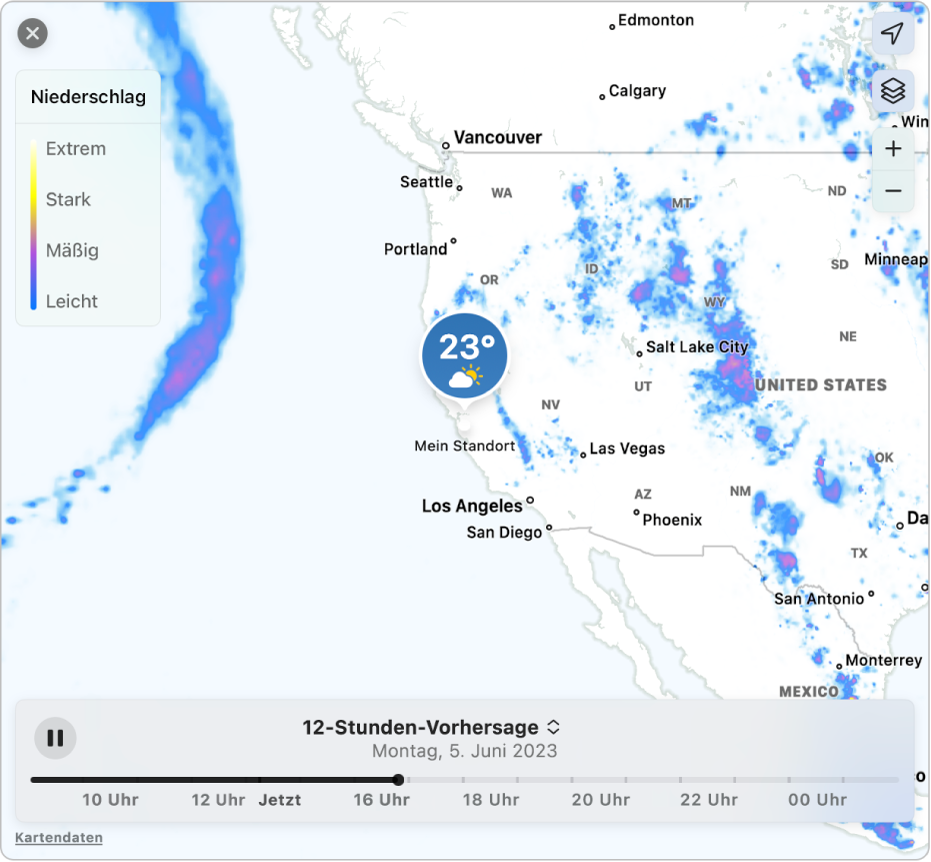 Eine detaillierte Karte mit der Niederschlagsvorhersage für Cupertino, Kalifornien.