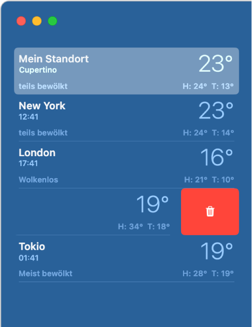 Die Seitenleiste zeigt verschiedene Orte in einer Wetterliste an.