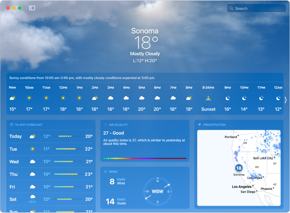 The Weather window showing the current temperature, the high and low temperatures for the day, the hourly forecast, the 10-day forecast, a precipitation map, and data about air quality, UV index, sunset, wind and amount of precipitation.
