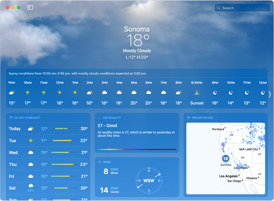 The Weather window showing the current temperature, the high and low temperatures for the day, the hourly forecast, the 10-day forecast, a precipitation map, and data about air quality, sunset, wind and amount of precipitation.