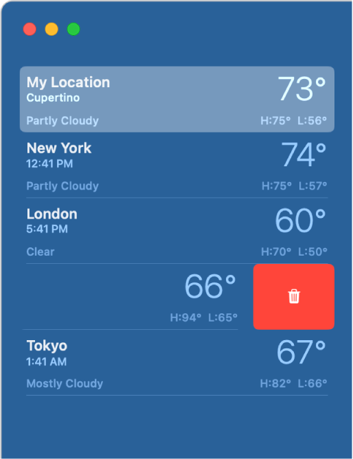 The sidebar showing different locations in a weather list.