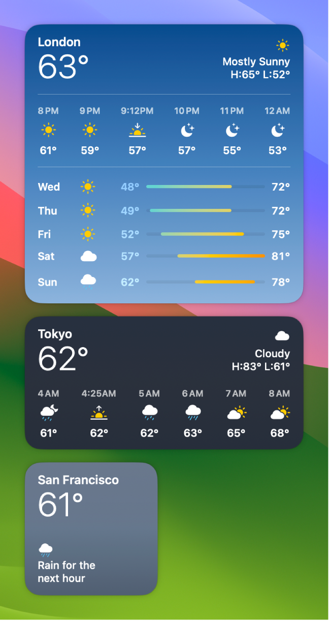 Small, medium, and large Weather widgets.