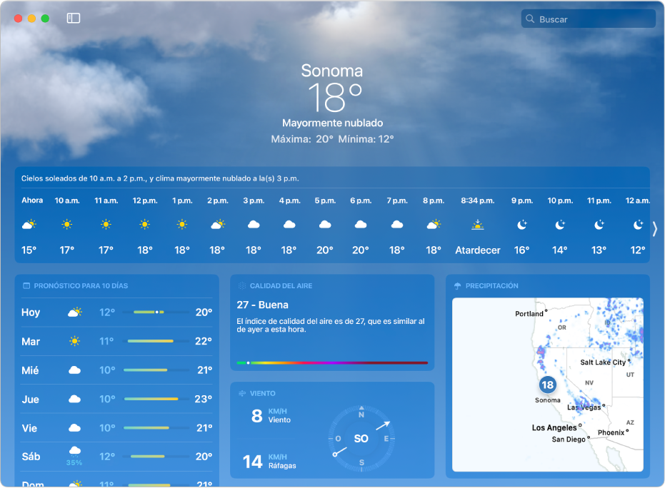 La ventana de la app Clima mostrando la temperatura actual, las temperaturas mínimas y máximas del día, el pronóstico por hora, el pronóstico a 10 días, un mapa de precipitación y la información de la calidad del aire, el índice UV, la puesta del sol, el viento y la cantidad de precipitación.