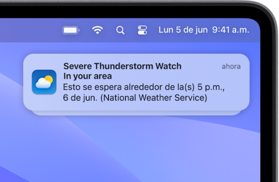 Una notificación mostrando una alerta del Servicio Meteorológico Nacional acerca de una tormenta eléctrica fuerte.