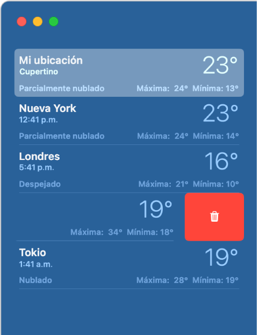 La barra lateral muestra varias ubicaciones en una lista de clima.